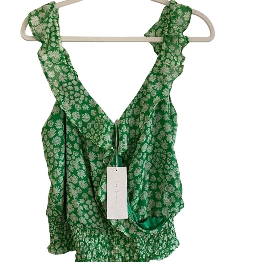 Lush Green Floral Cropped Blouse Large NWT Flounce Flutter Sleeve Milkmaid Boho